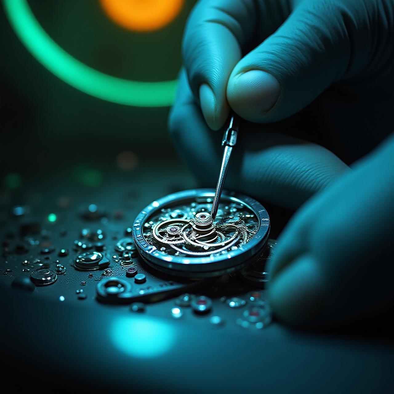 Orologiaio esperto al lavoro su un movimento meccanico complesso